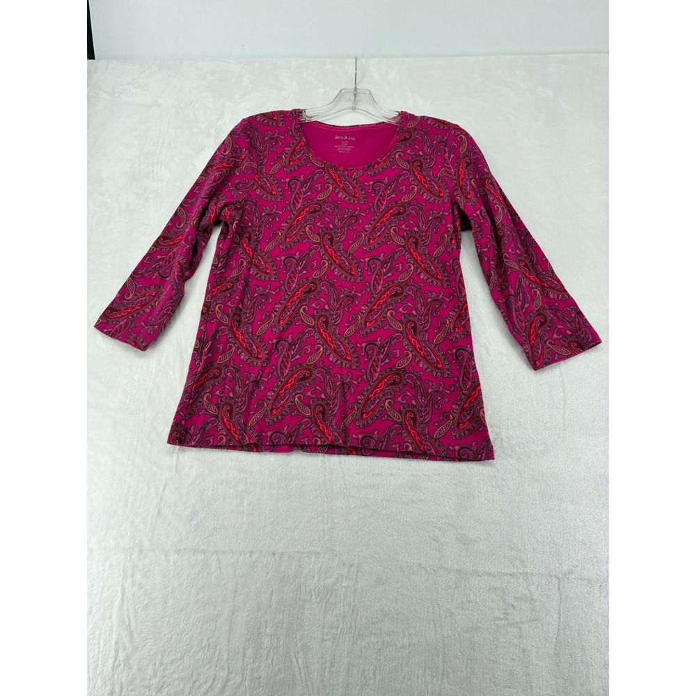 White Stag Top Womens S 4-6 3/4 Sleeve Fuchsia Pink Paisley Cotton WL49124P